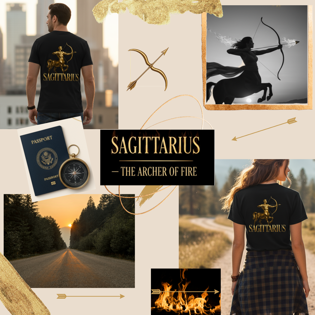 Collage of Sagittarius-themed products and imagery with a person wearing a black t-shirt featuring the zodiac sign.