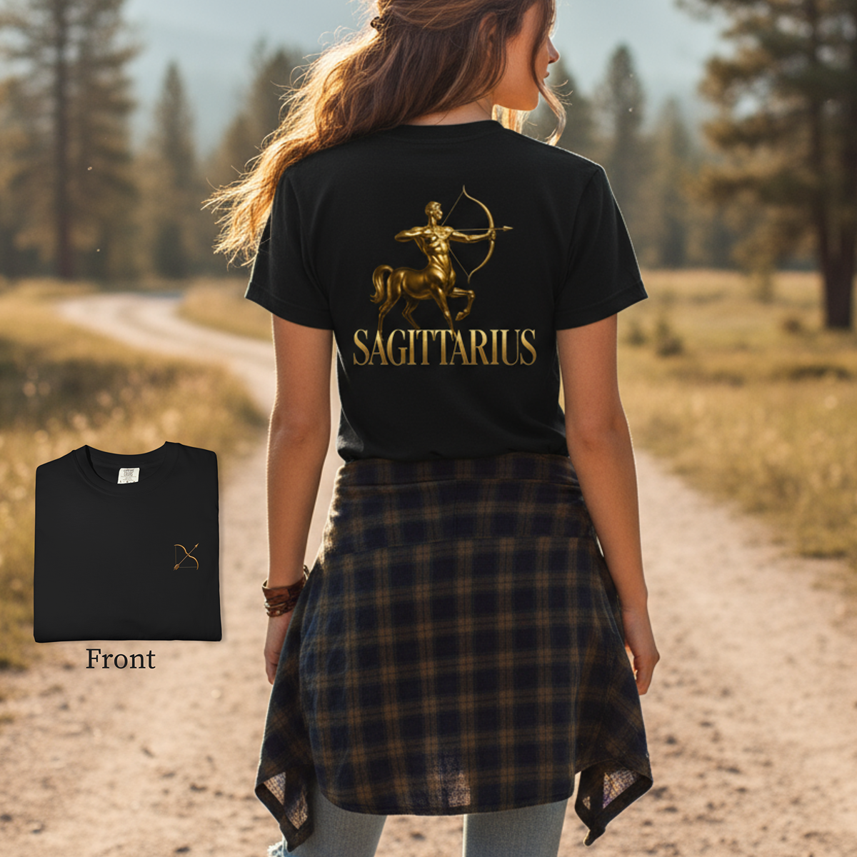 Person wearing a black t-shirt with Sagittarius design outdoors