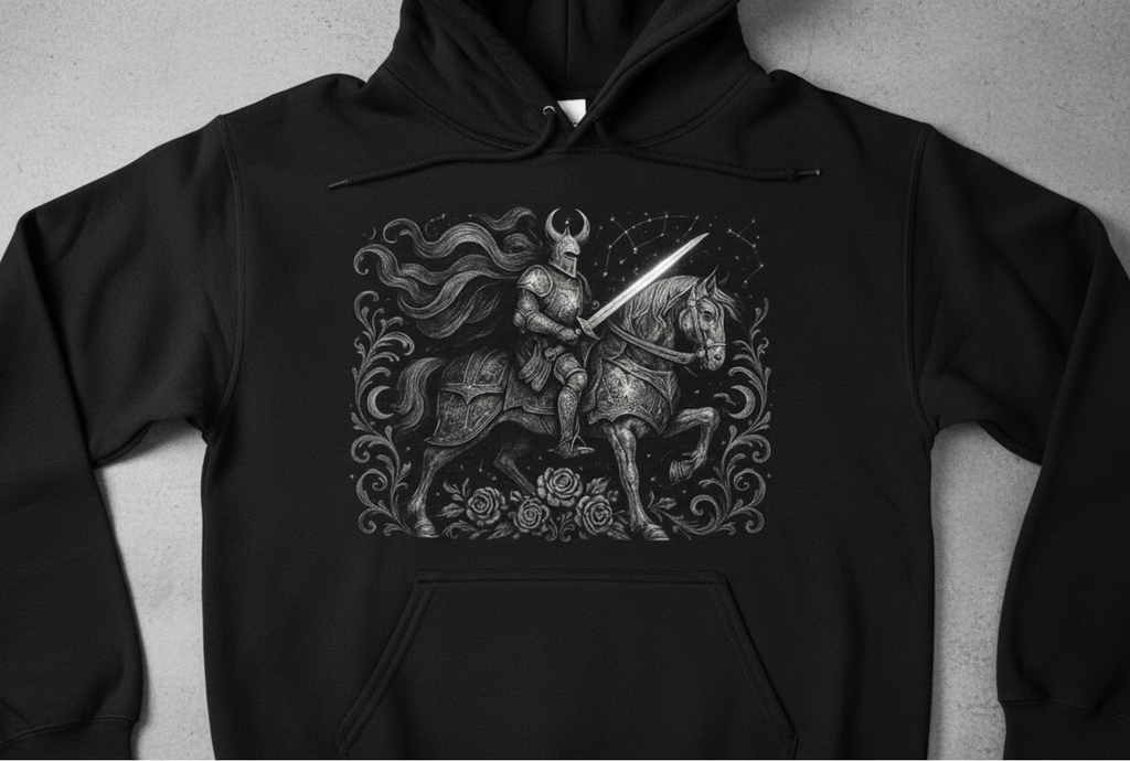 Black hoodie with a graphic of a knight on a horse holding a sword on a gray background