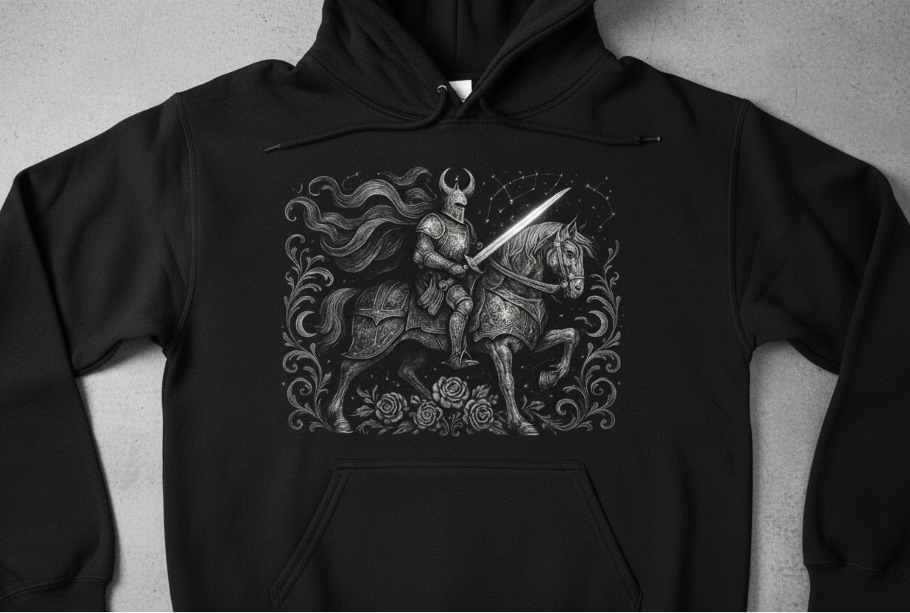 Black hoodie with a graphic of a knight on a horse holding a sword on a gray background
