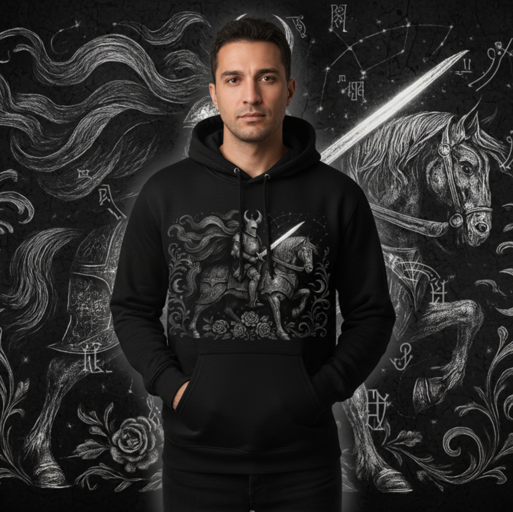 Person wearing a black hoodie with a graphic design in front of an artistic background