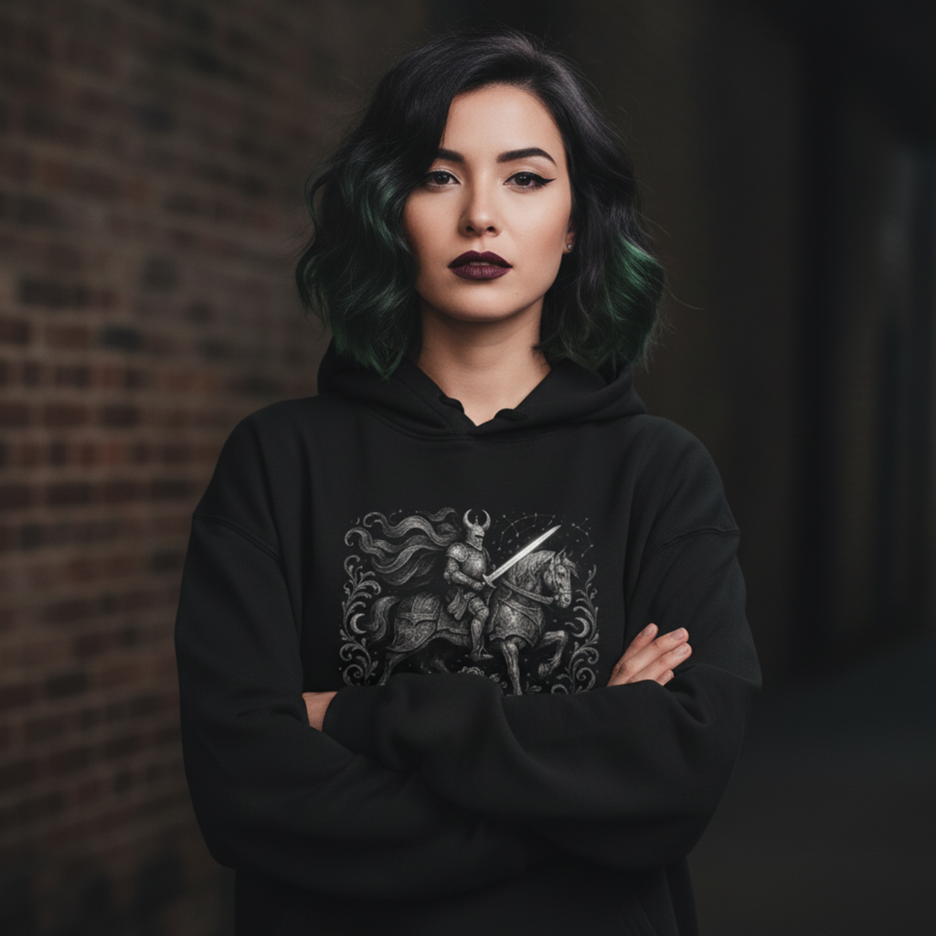 Person wearing a black hoodie with a graphic design against a dark background