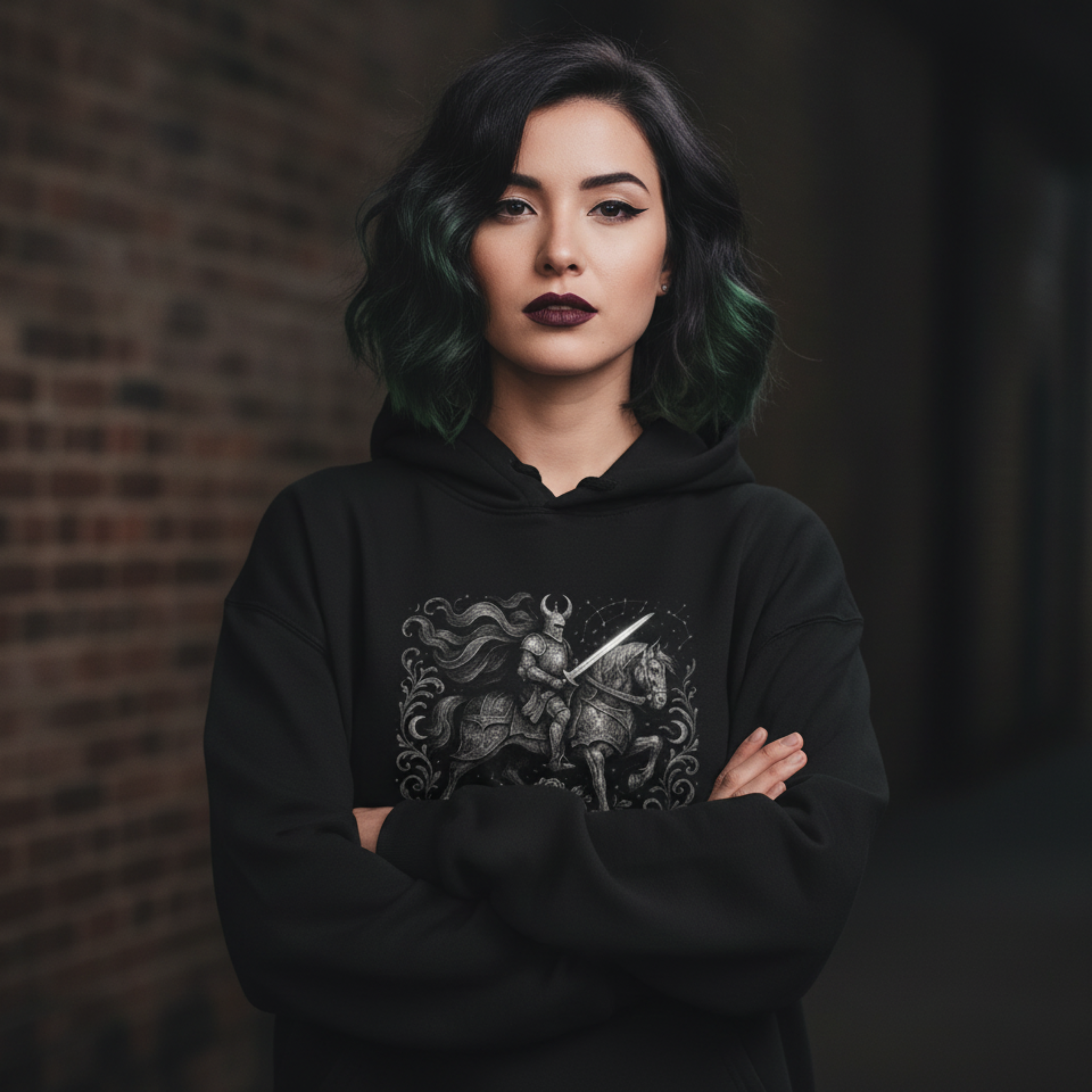 Person wearing a black hoodie with a graphic design against a dark background