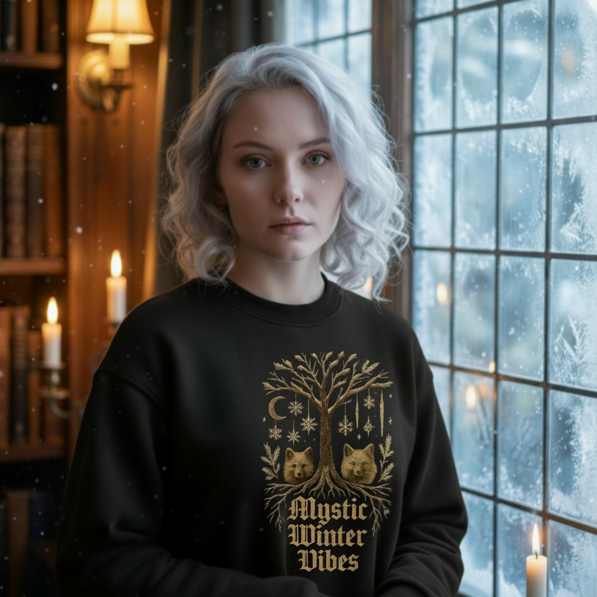 Person wearing a black sweatshirt with a tree design and 'Mystic Winter Vibes' text, standing in a room with candles and a snowy window.