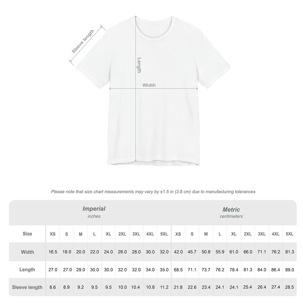 White t-shirt with measurement chart on a white background