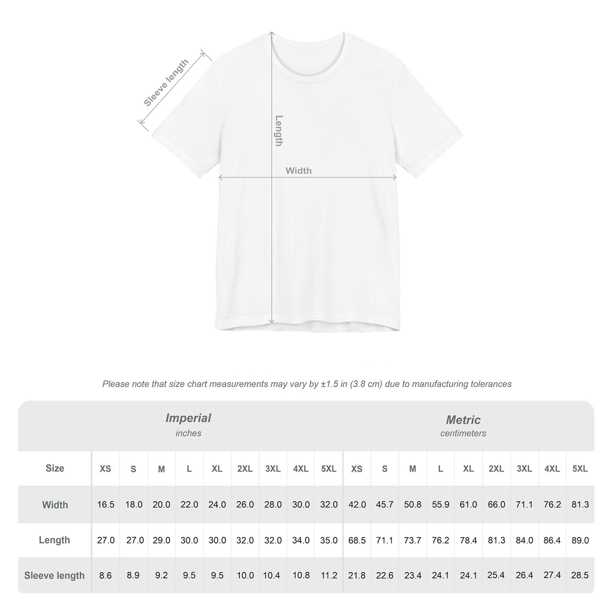 White t-shirt with measurement chart on a white background