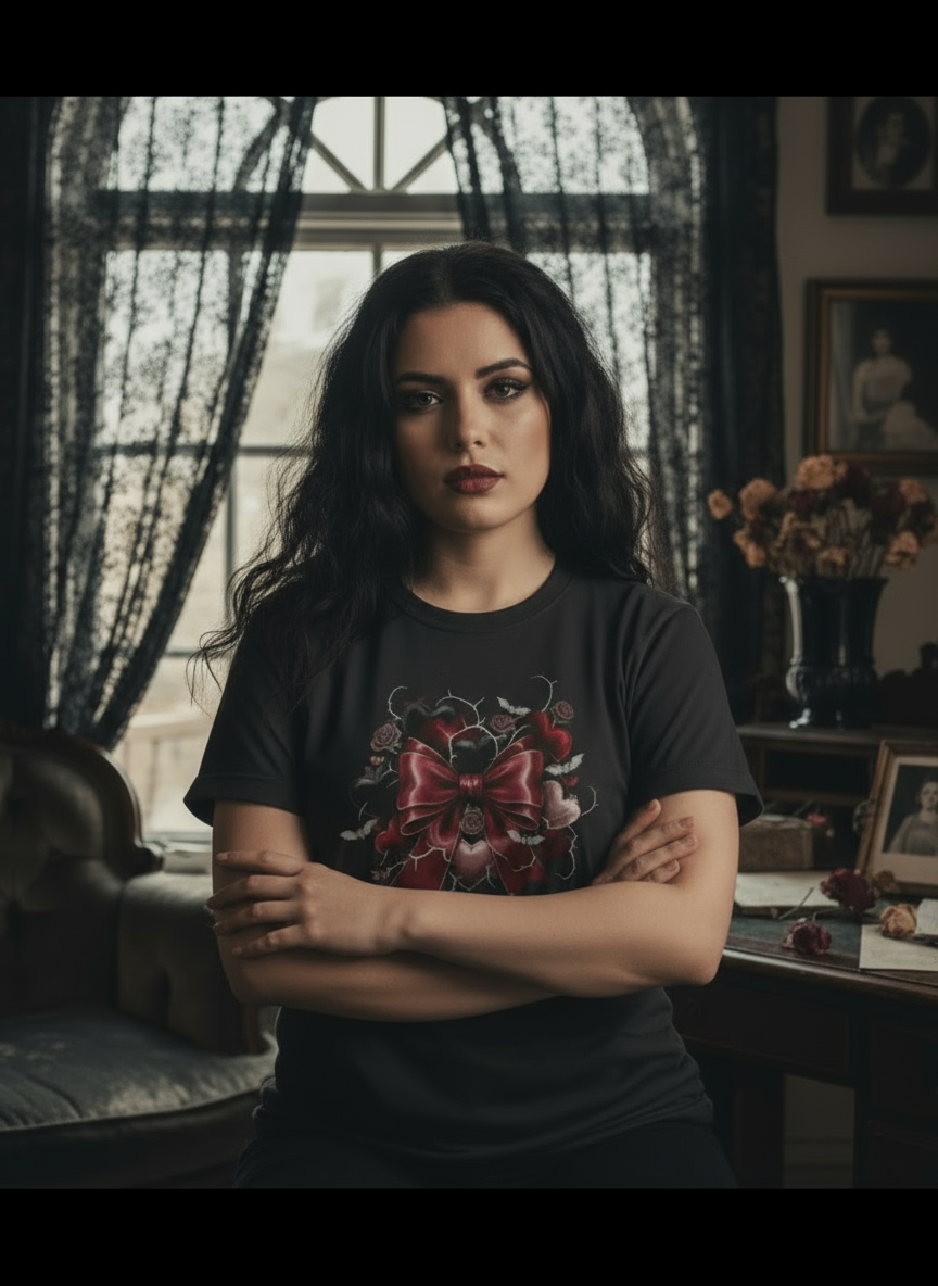 Woman wearing a black t-shirt with a graphic design in a room with decorative elements.