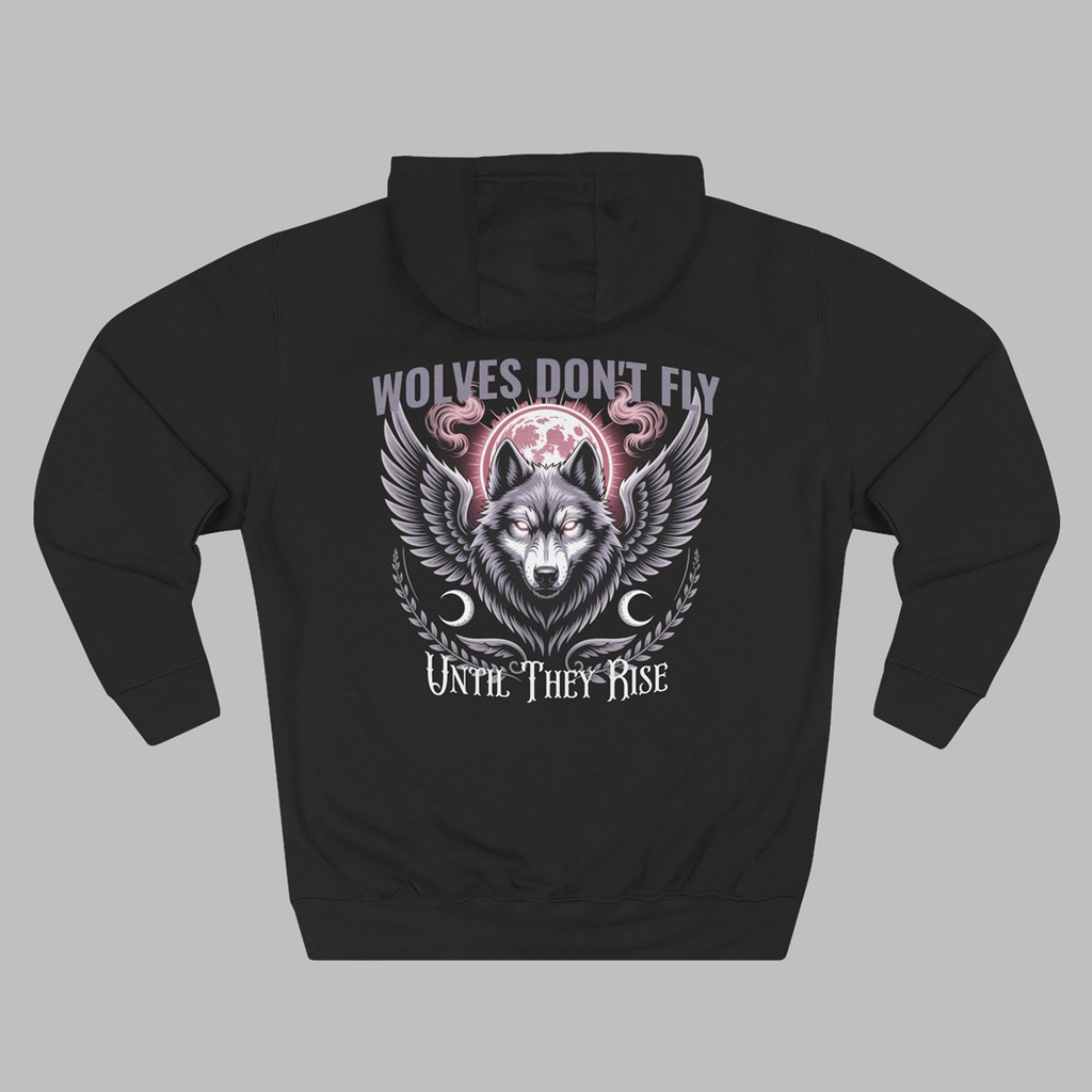 Black hoodie with wolf design and text on a gray background