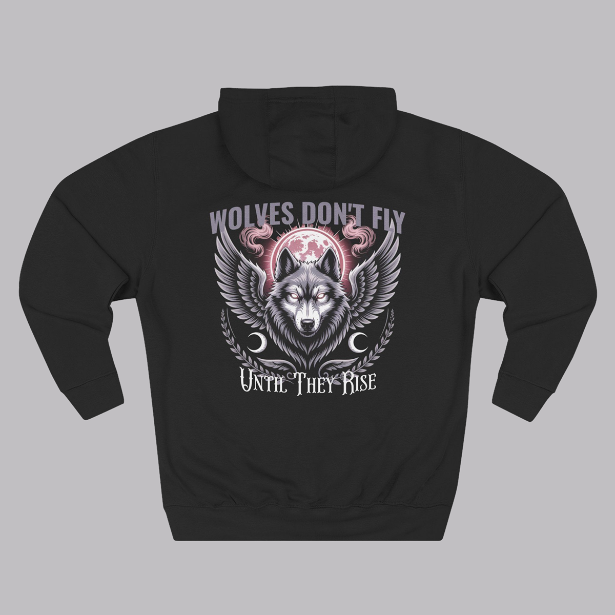 Black hoodie with wolf design and text on a gray background