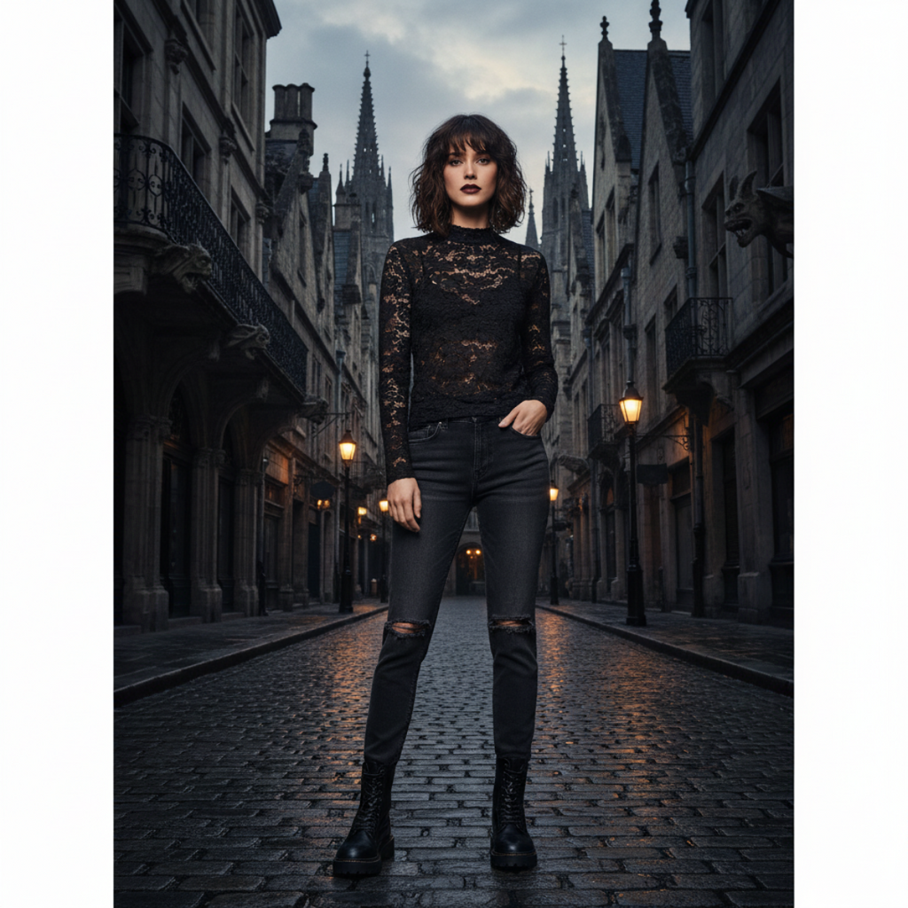 Winter Veil Lace Turtleneck — Dark Feminine Layering Piece