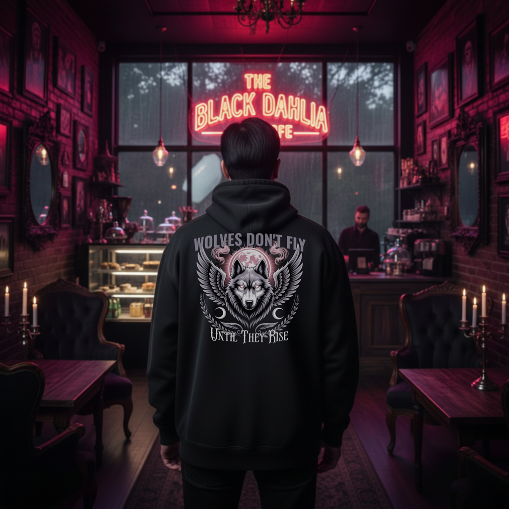Person wearing a black hoodie with a wolf design in a dimly lit bar with neon sign.