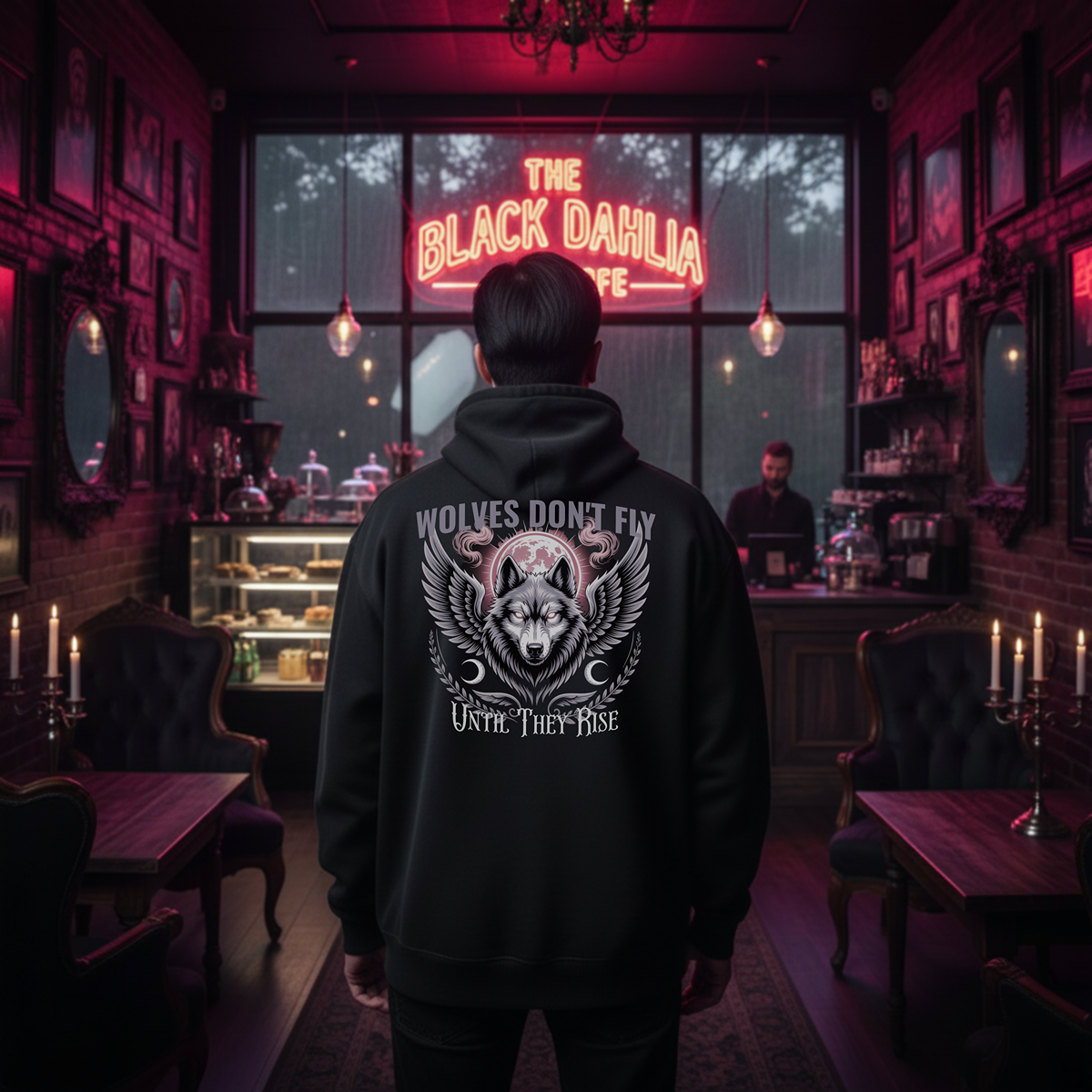 Person wearing a black hoodie with a wolf design in a dimly lit bar with neon sign.