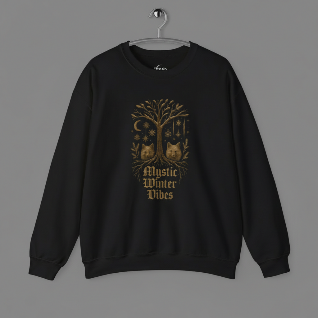 Black sweatshirt with a tree design and 'Mystic Winter Vibes' text on a gray background