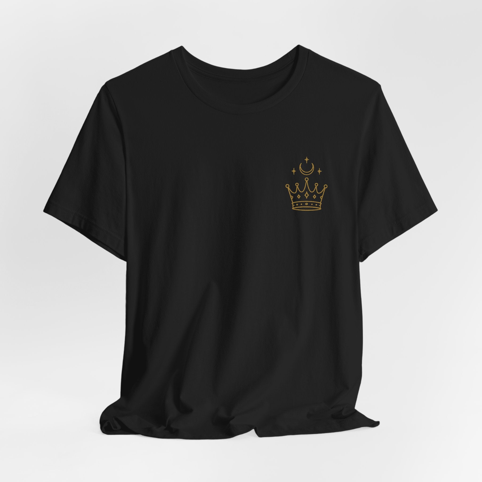 Black t-shirt with a gold crown emblem on a white background