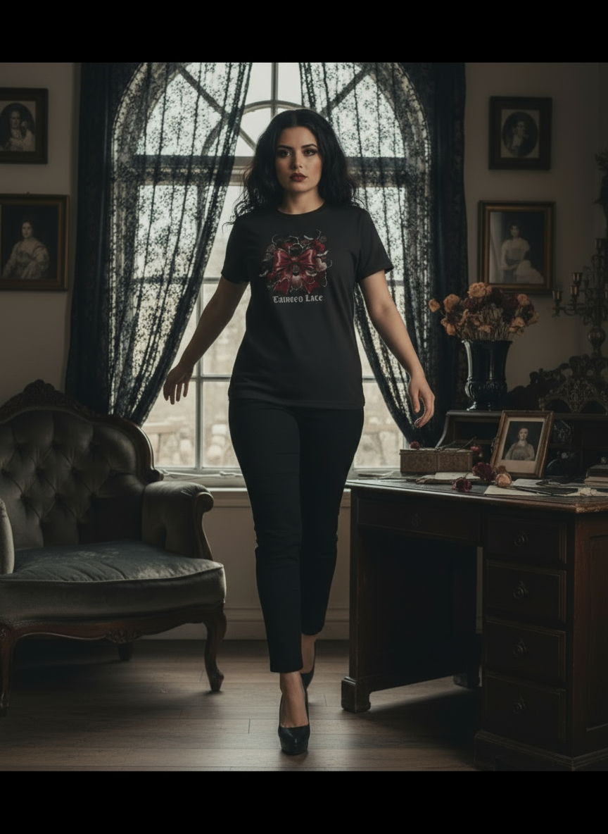 Woman wearing a black t-shirt with a graphic design in a dimly lit room with vintage decor.