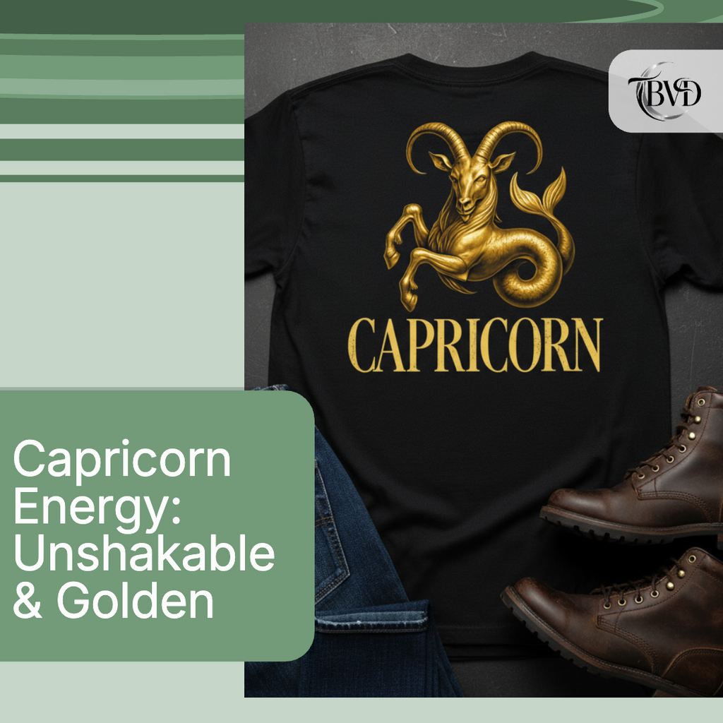 Black t-shirt with gold Capricorn design and text 'Capricorn Energy: Unshakable & Golden' on a gray background.