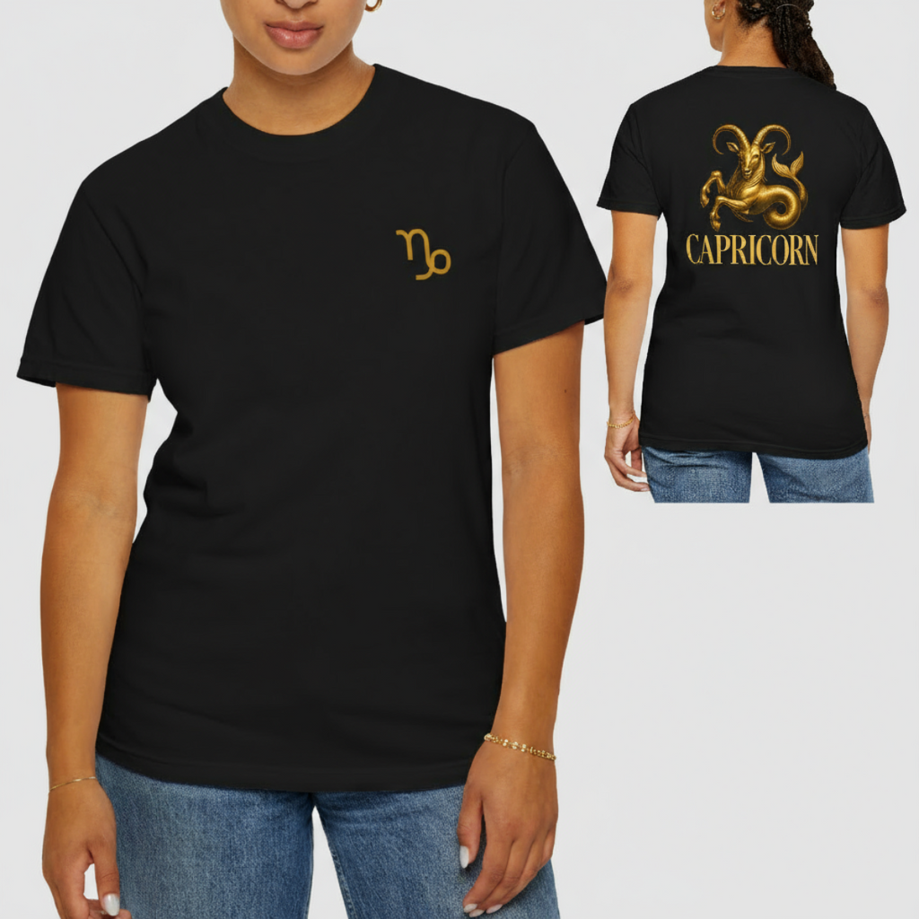 Black t-shirt with Capricorn symbol on front and back