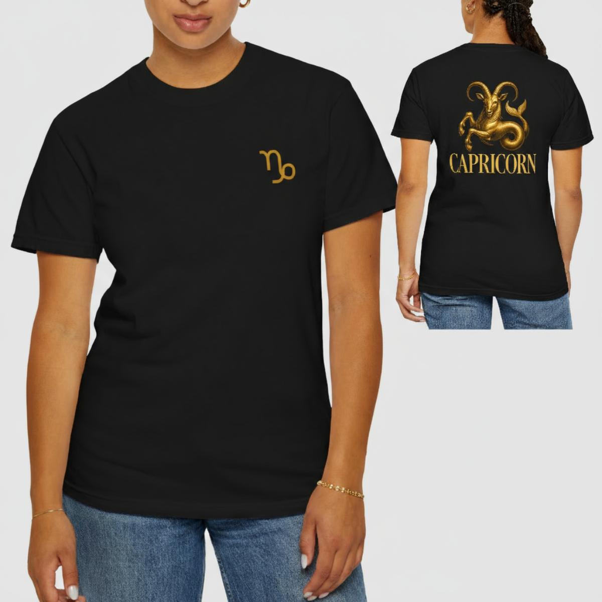 Black t-shirt with Capricorn symbol on front and back