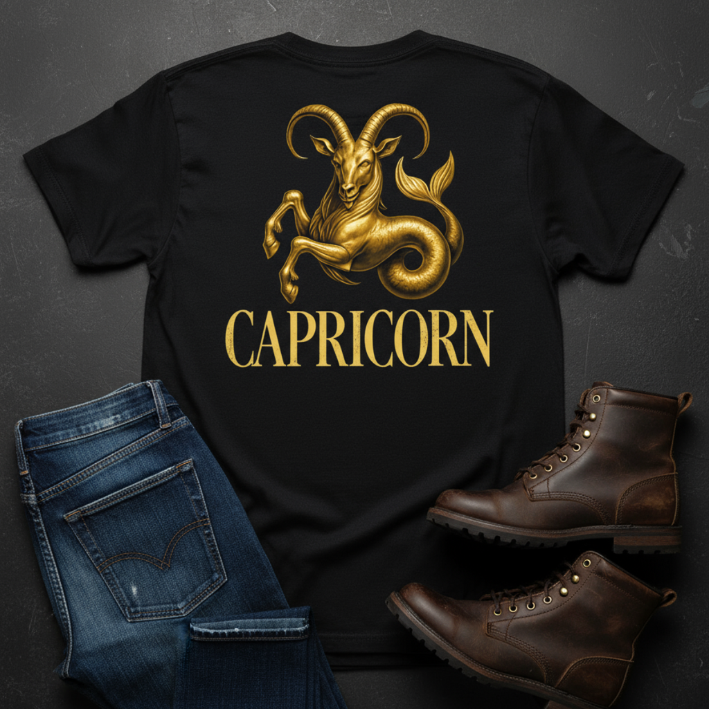 Black t-shirt with Capricorn design, blue jeans, and brown boots on a dark background