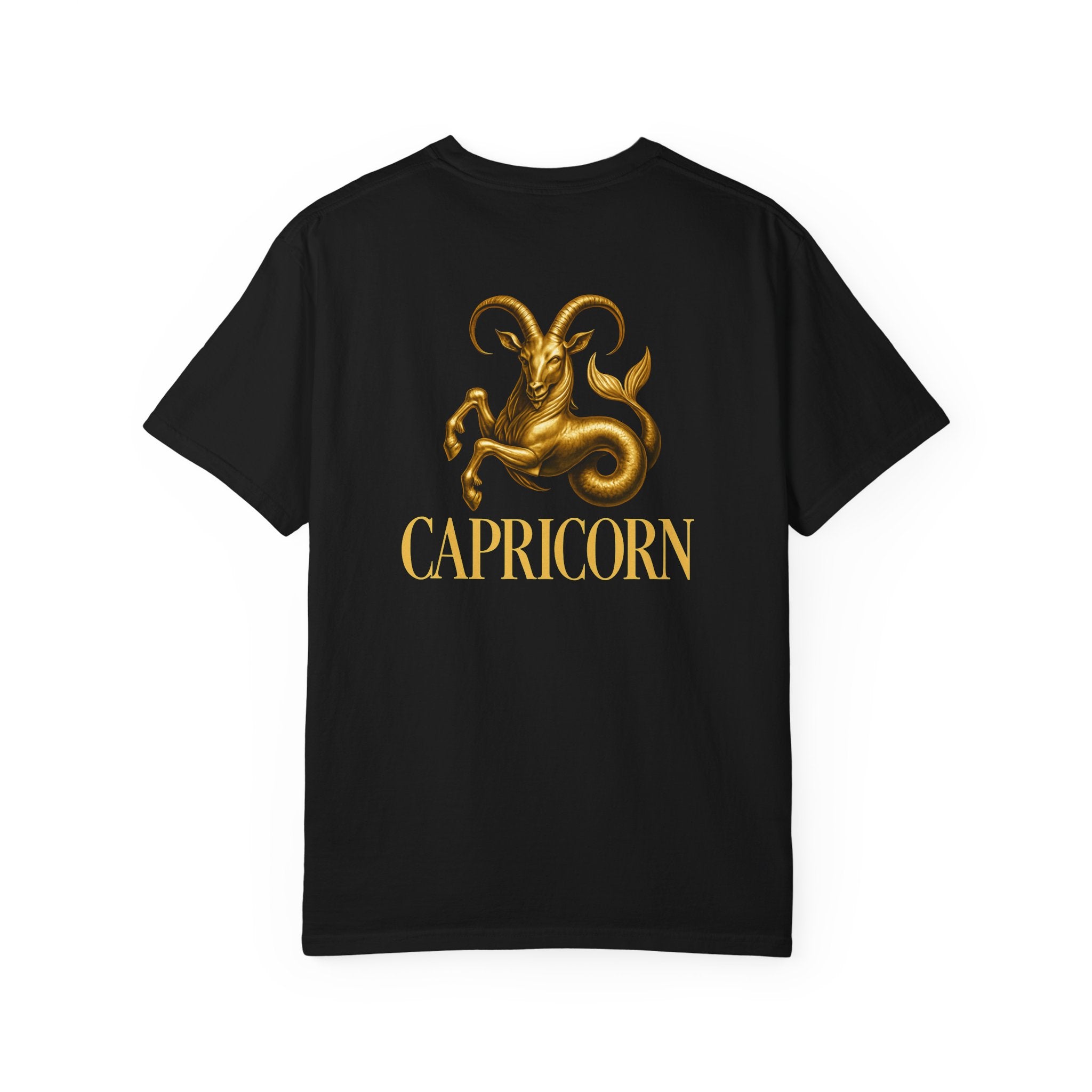 Black t-shirt with gold Capricorn zodiac design on a white background