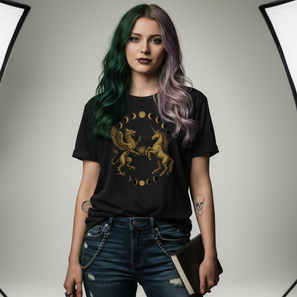 Person wearing a black t-shirt with a gold graphic design on a gray background