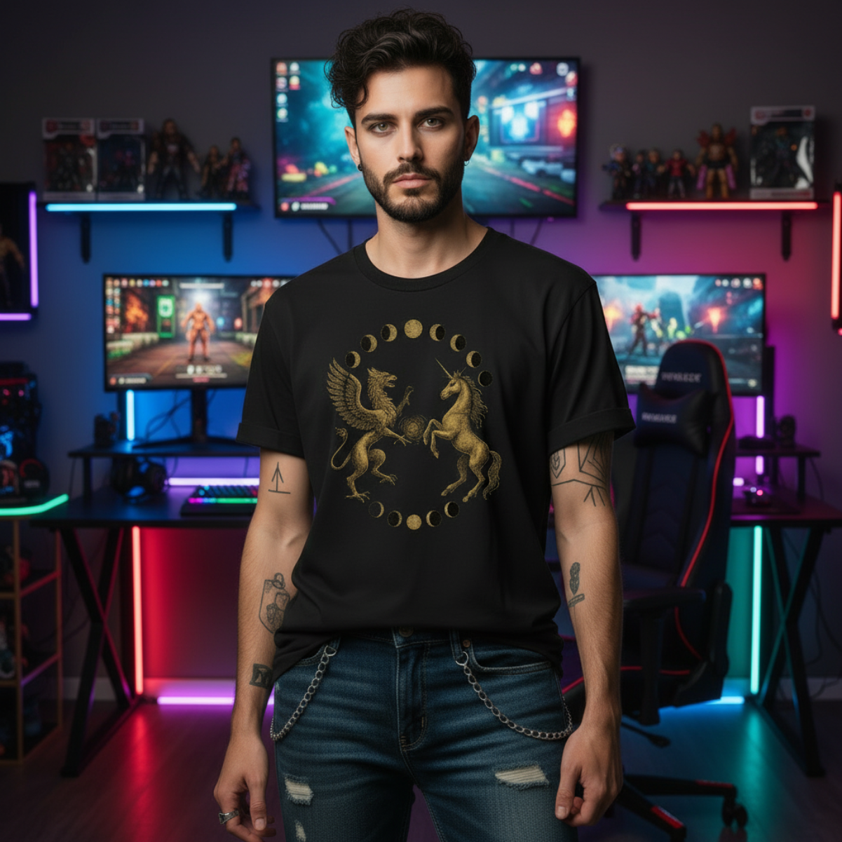 Man wearing a black t-shirt with a graphic design in a gaming room with multiple monitors.