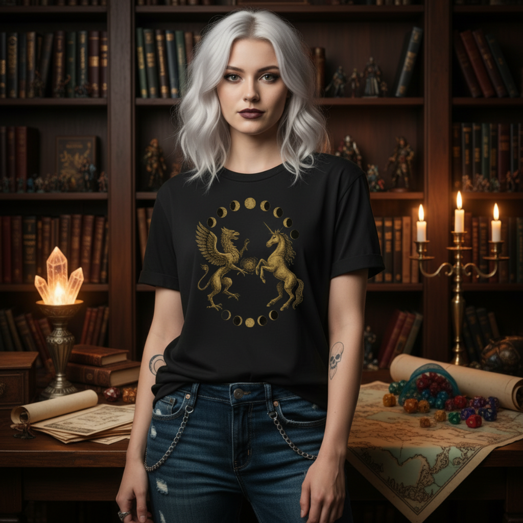 Woman wearing a black t-shirt with a gold emblem in a mystical setting with books and candles.