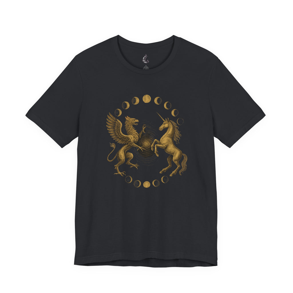Black t-shirt with gold graphic of a Griffin and unicorn on a white background
