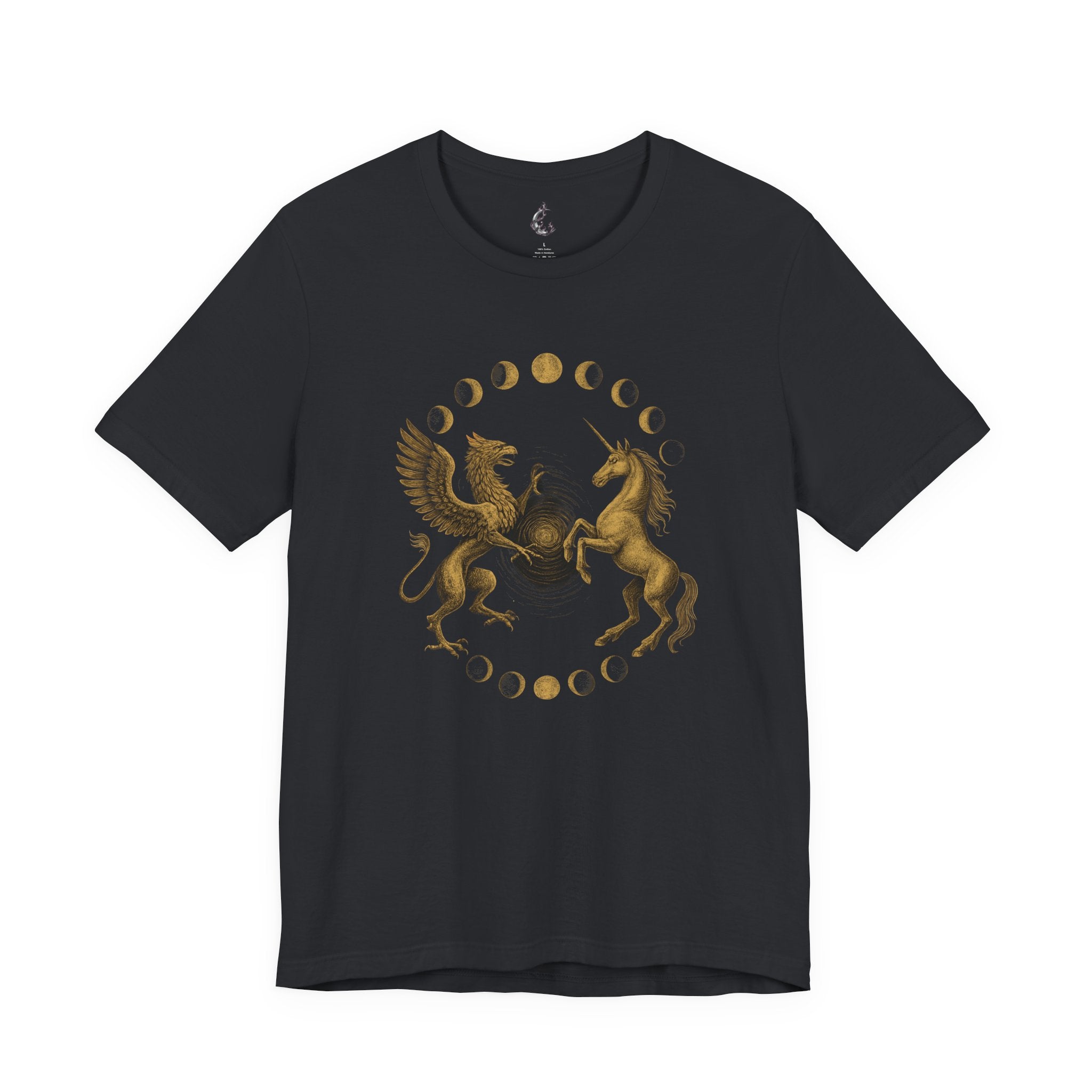 Black t-shirt with gold graphic of a Griffin and unicorn on a white background