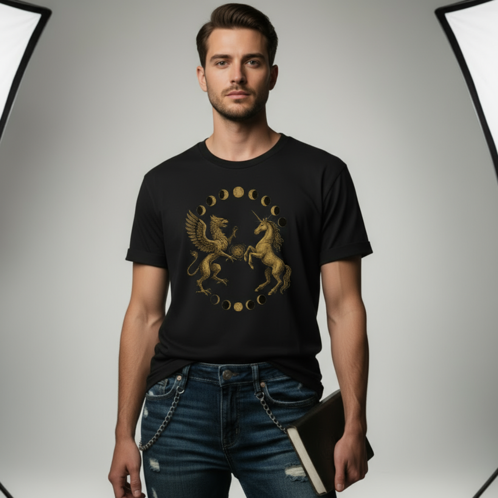 Man wearing a black t-shirt with a gold graphic design on a gray background