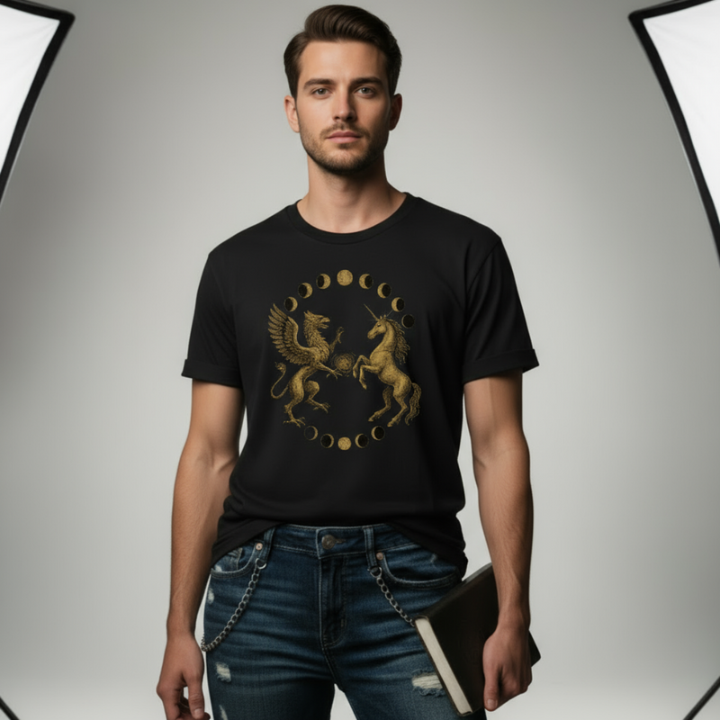 Man wearing a black t-shirt with a gold graphic design on a gray background