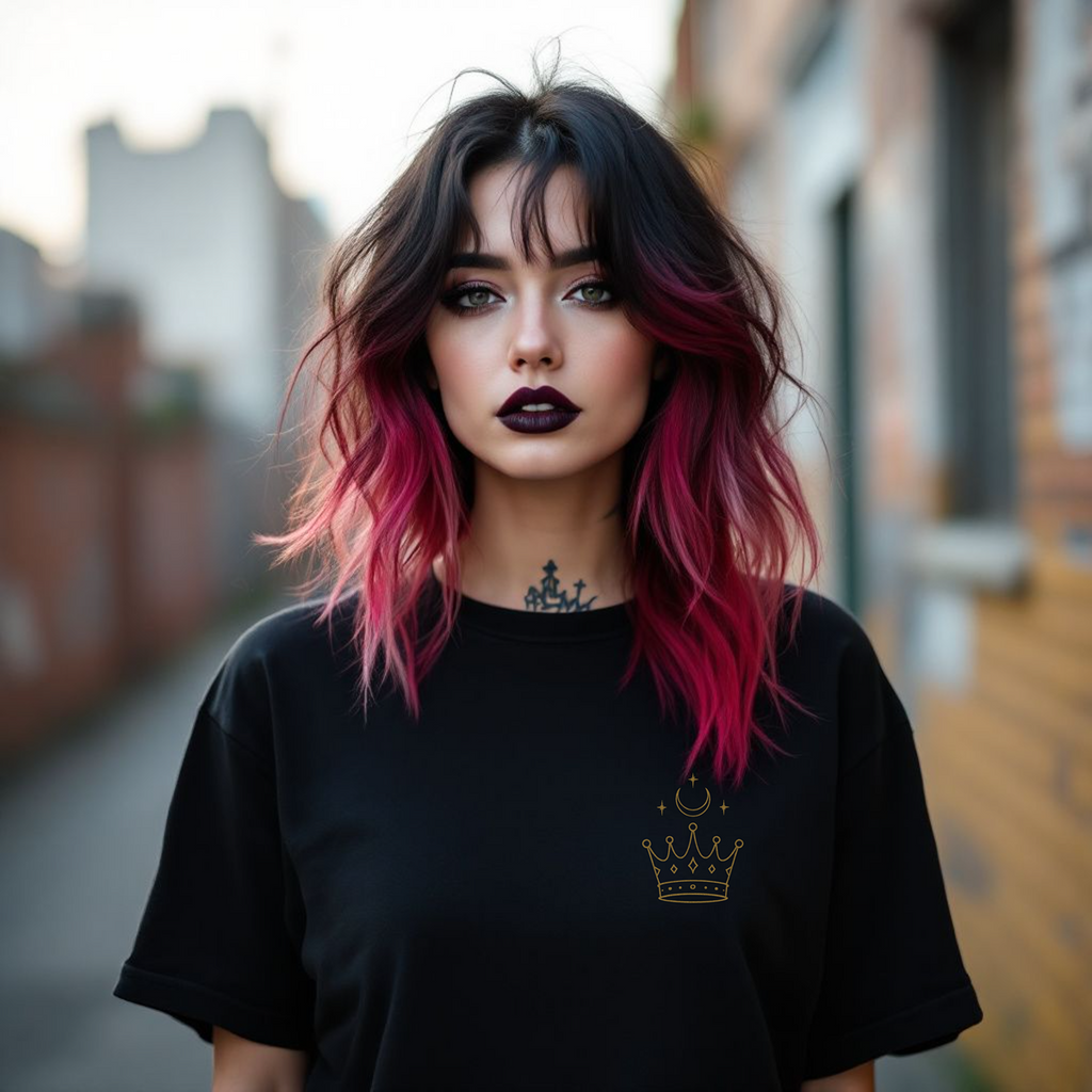 Woman with pink and black hair wearing a black t-shirt with a crown design.