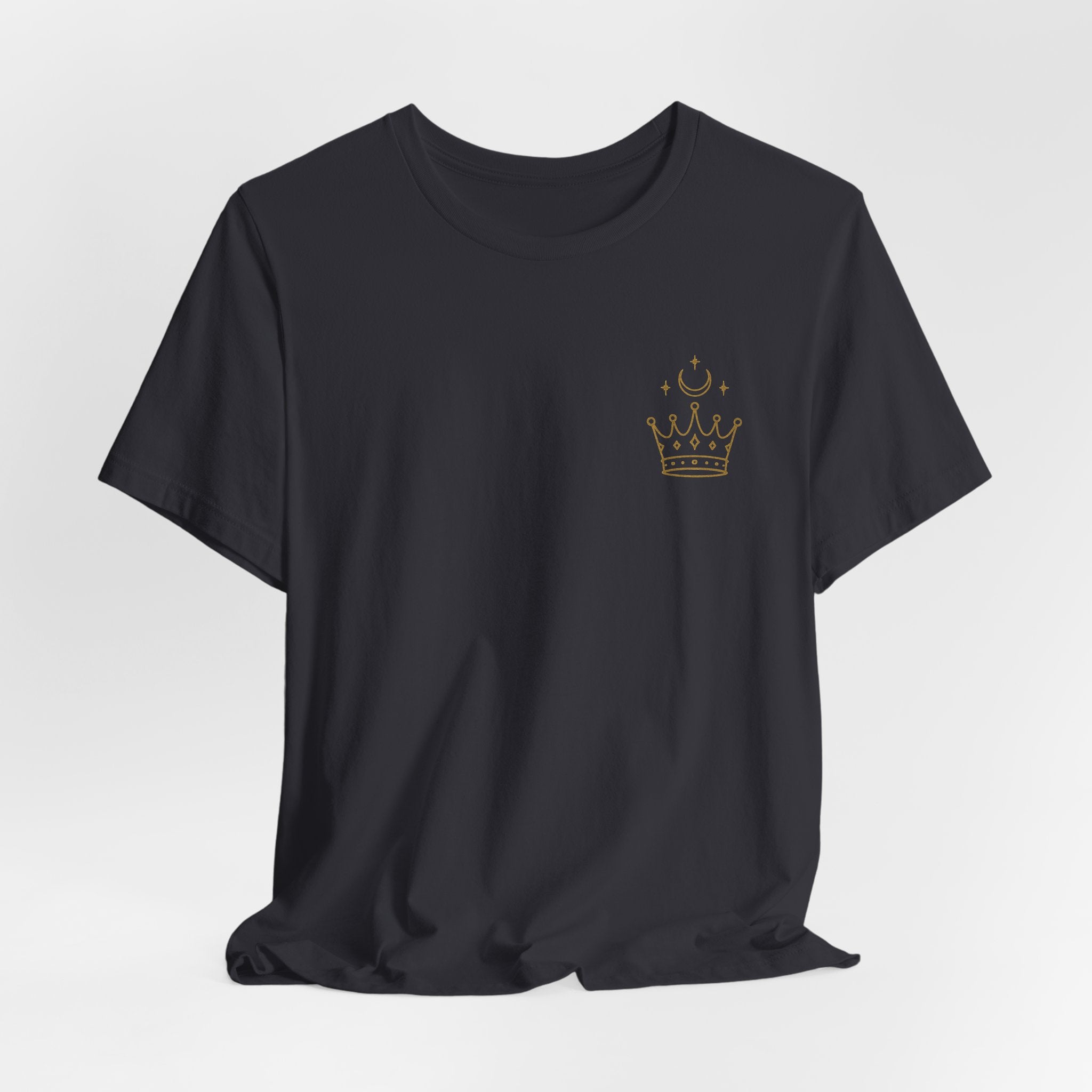 Black t-shirt with a gold crown logo on a light gray background