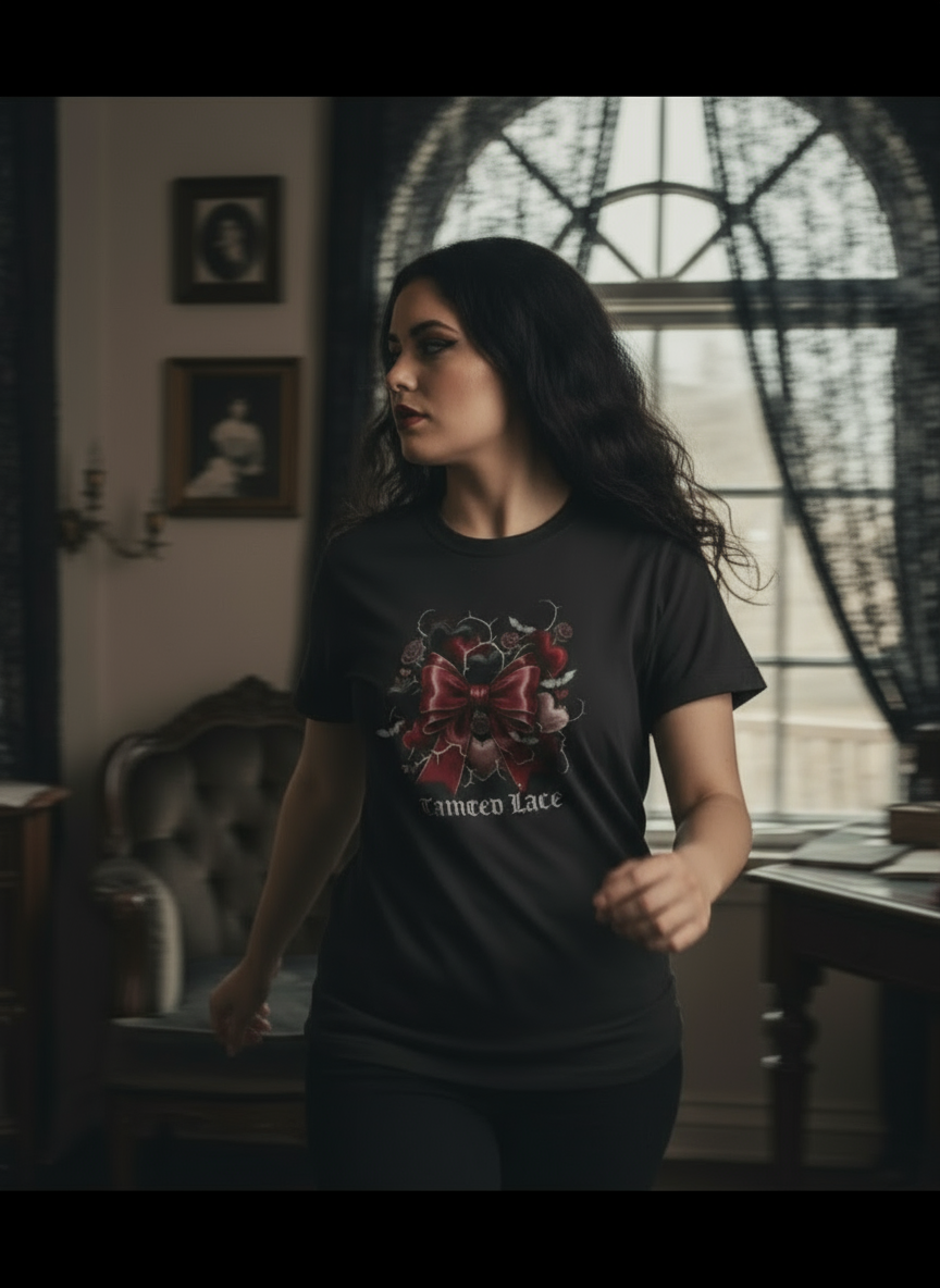 Woman wearing a black t-shirt with a graphic design in a room with a large window.