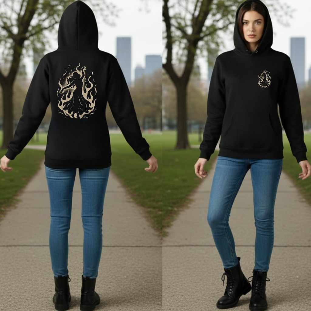 Person wearing a black hoodie with a design on the back and front, standing outdoors.