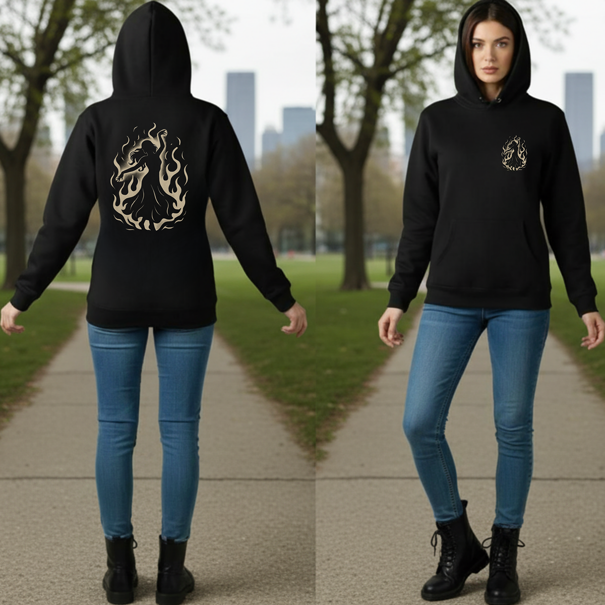 Person wearing a black hoodie with a design on the back and front, standing outdoors.