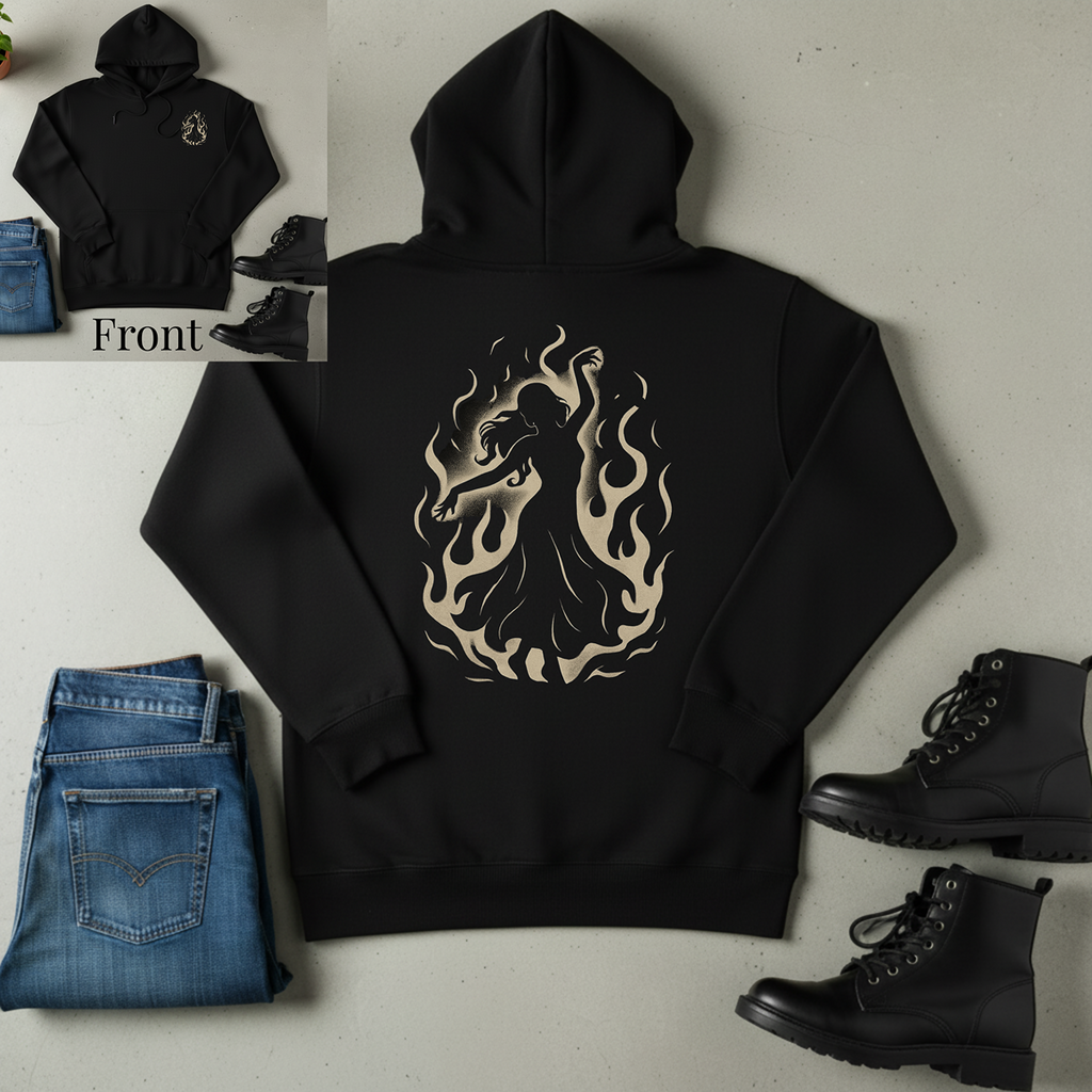 Black hoodie with flame design, blue jeans, and black boots on a light gray background