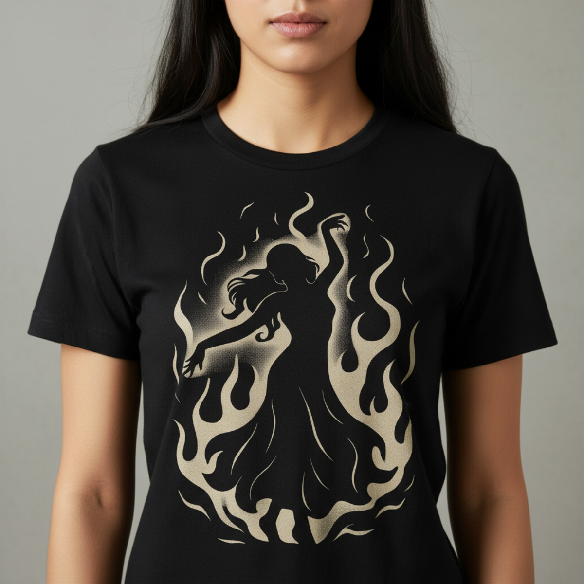 Black unisex t-shirt with minimalist crimson and white shadow flame silhouette dancer graphic – “Spin in the Dark” official merch by The Bela Vibe