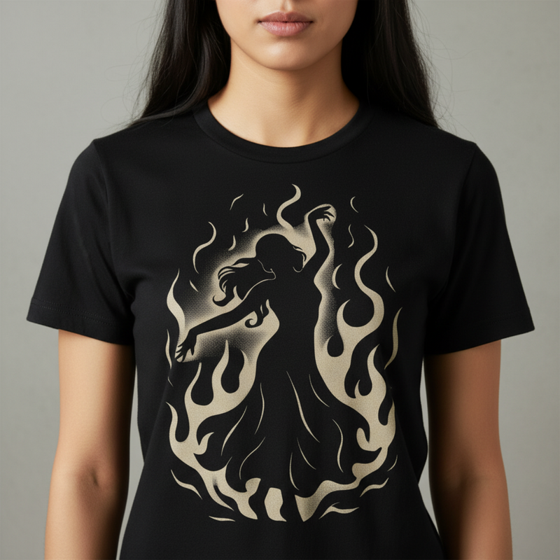 Black unisex t-shirt with minimalist crimson and white shadow flame silhouette dancer graphic – “Spin in the Dark” official merch by The Bela Vibe