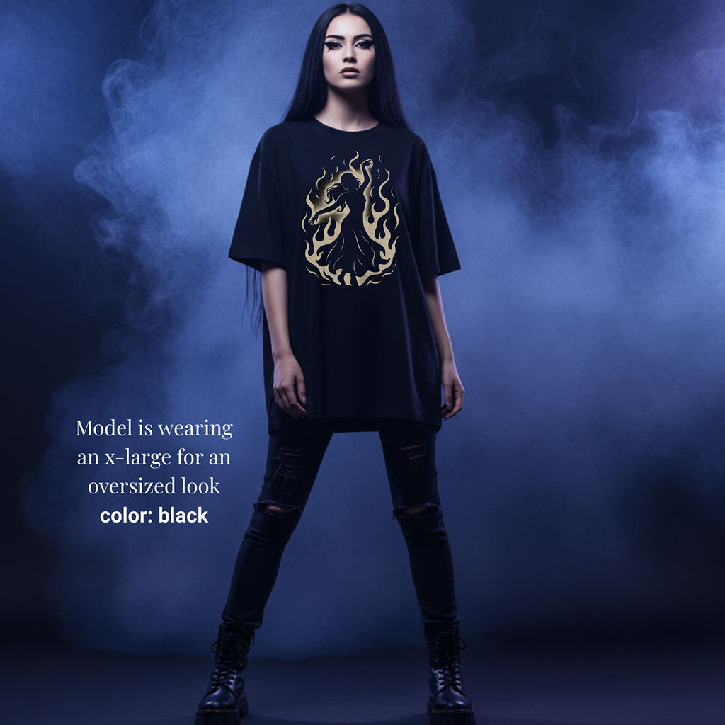 Black unisex t-shirt with minimalist crimson and white shadow flame silhouette dancer graphic – “Spin in the Dark” official merch by The Bela Vibe