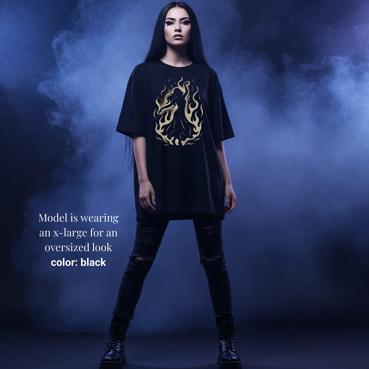 Black unisex t-shirt with minimalist crimson and white shadow flame silhouette dancer graphic – “Spin in the Dark” official merch by The Bela Vibe