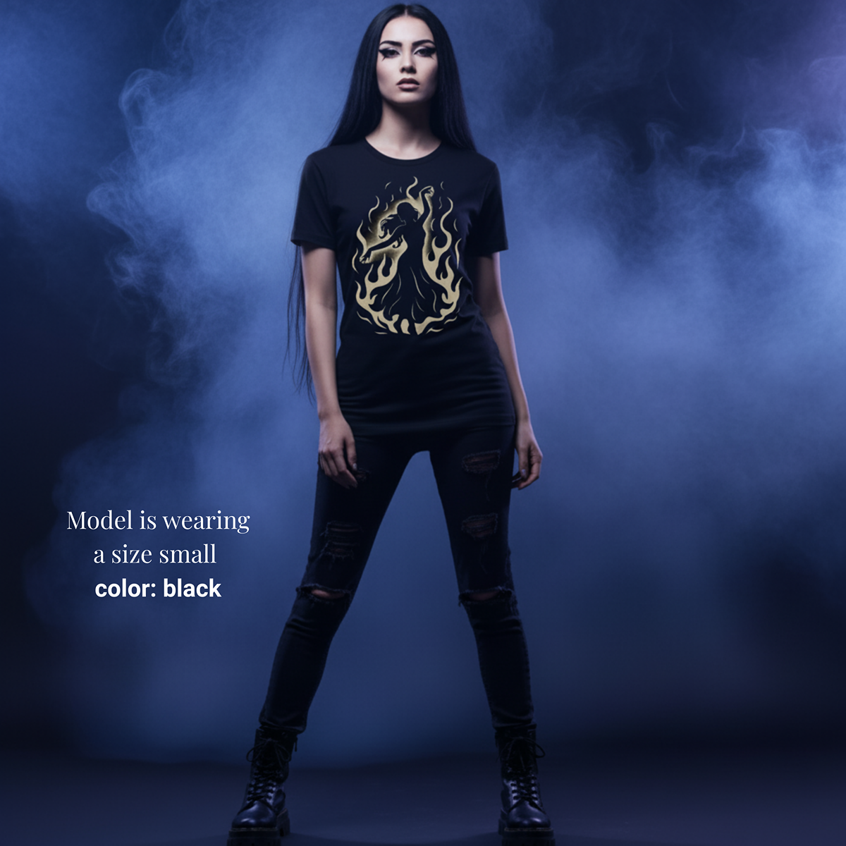 Black unisex t-shirt with minimalist crimson and white shadow flame silhouette dancer graphic – “Spin in the Dark” official merch by The Bela Vibe