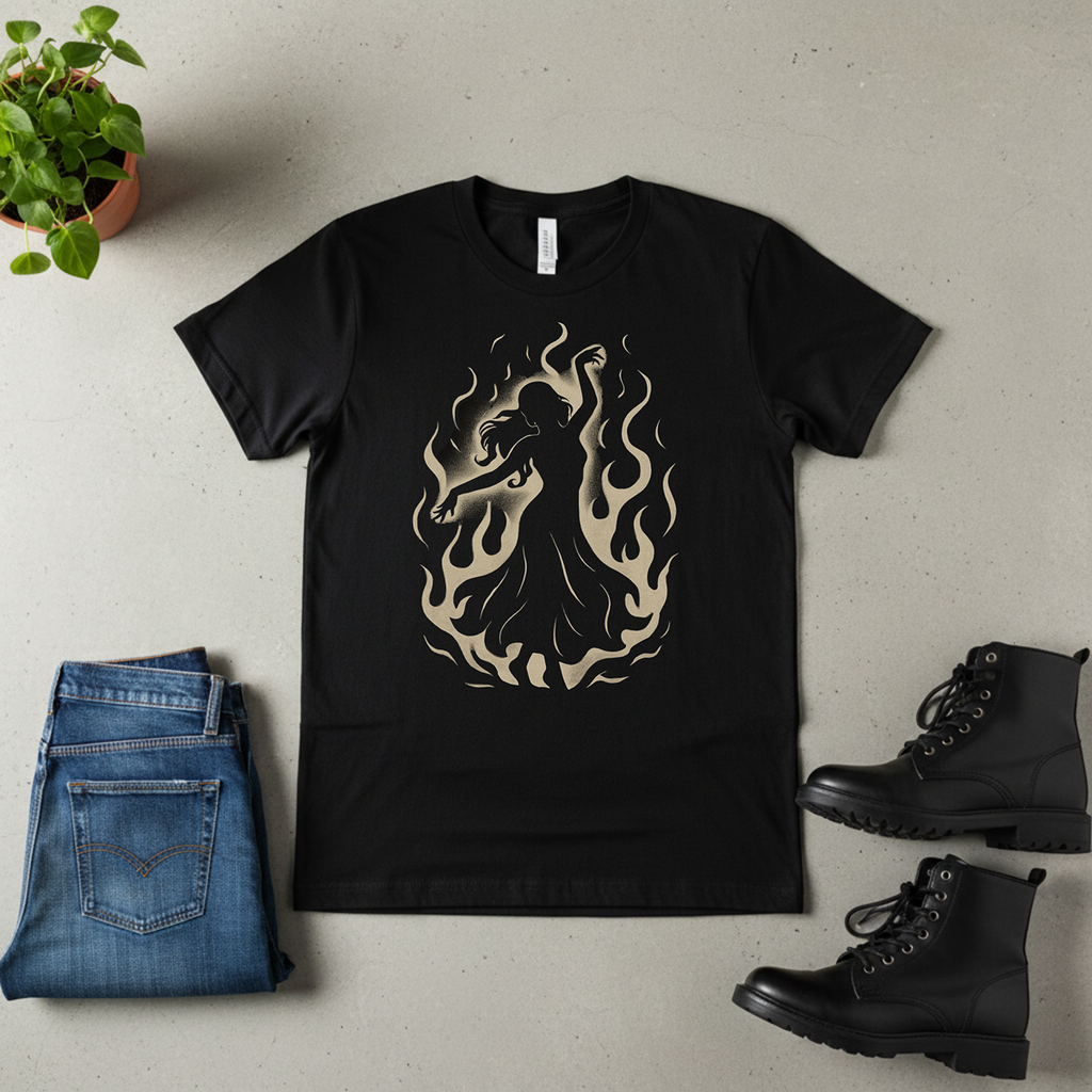 Black unisex t-shirt with minimalist crimson and white shadow flame silhouette dancer graphic – “Spin in the Dark” official merch by The Bela Vibe