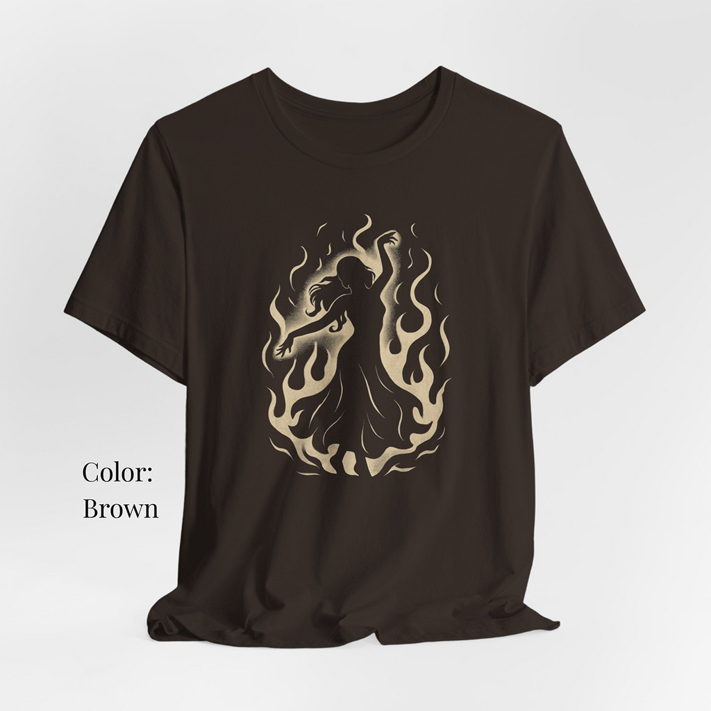 Black unisex t-shirt with minimalist crimson and white shadow flame silhouette dancer graphic – “Spin in the Dark” official merch by The Bela Vibe