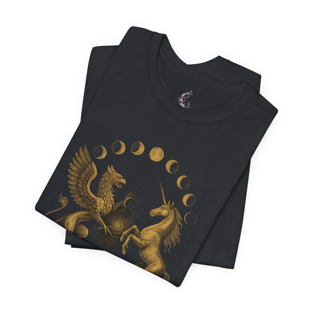 Black t-shirt with gold graphic design of a phoenix and unicorn on a white background