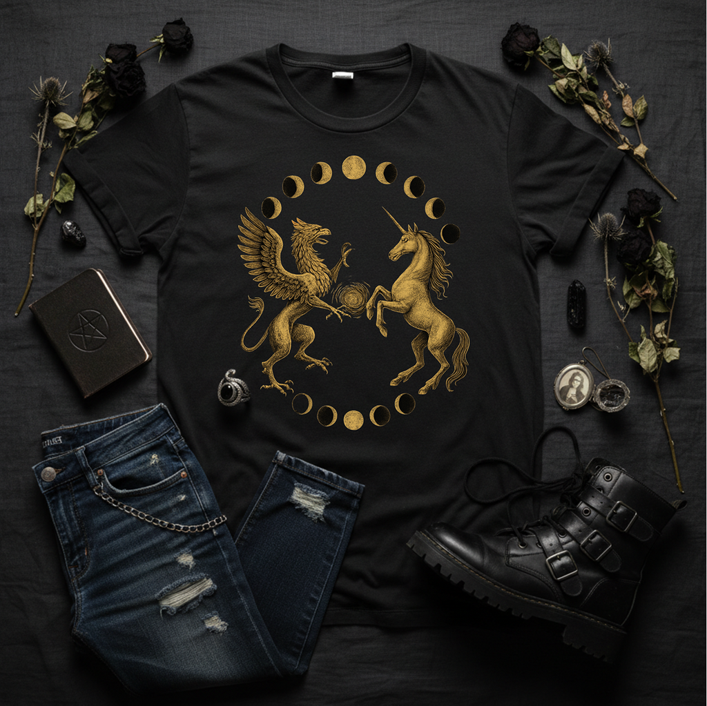 Black t-shirt with gold graphic design of a winged creature and unicorn, surrounded by denim jeans, black boots, and dried flowers on a dark surface.