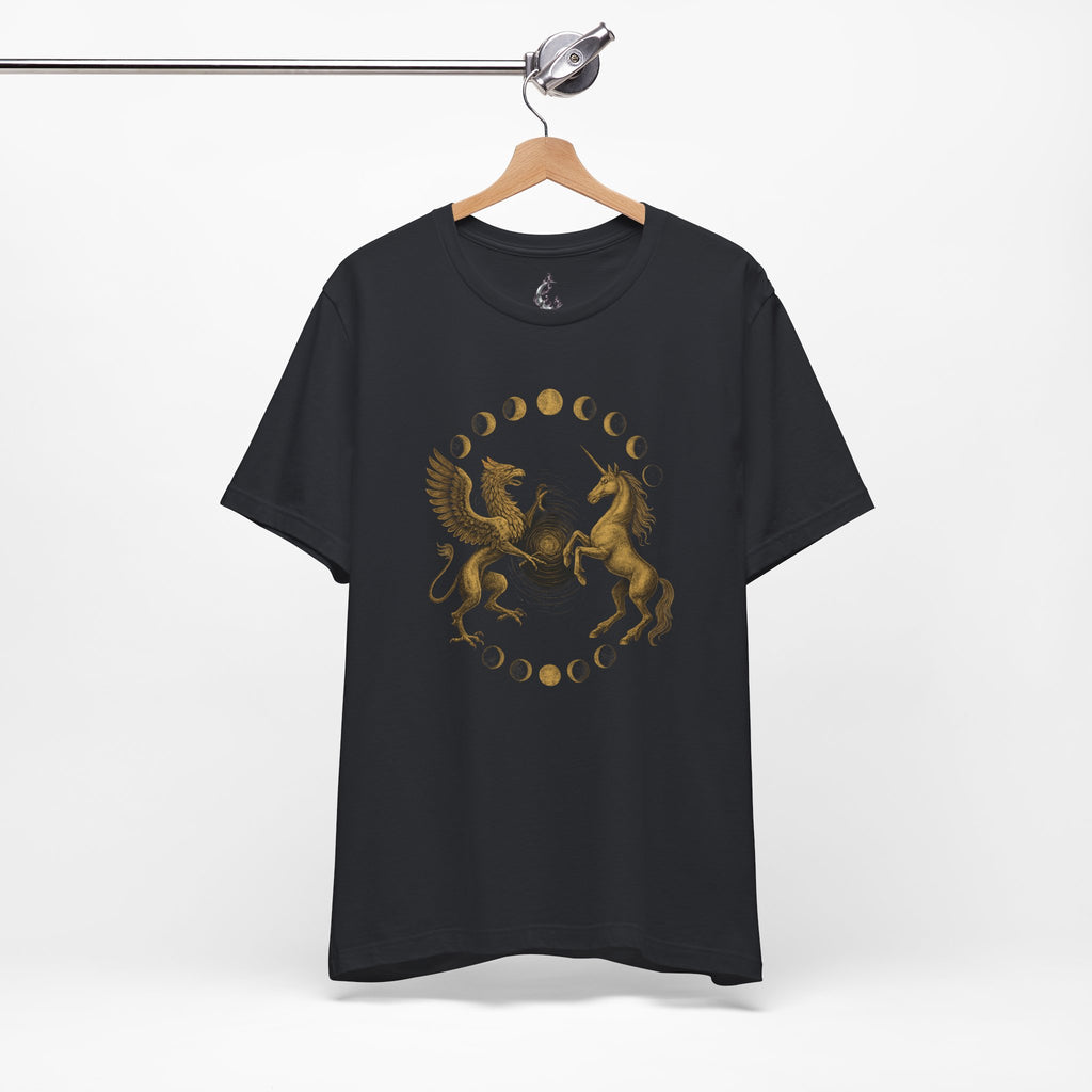 Black t-shirt with gold unicorn and dragon design on a hanger against a white background