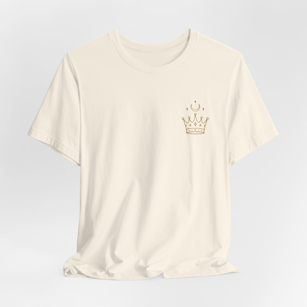 White t-shirt with a gold crown design on a light gray background
