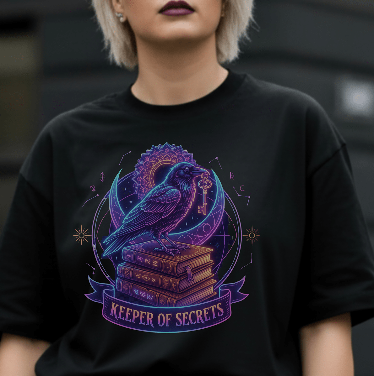 Keeper of Secrets Raven T-Shirt – Dark Academia Witchcore Tee for Book Lovers, Spotify Dark Pop Fans & Mystical Souls - The Bela Vibe House of Moonfire