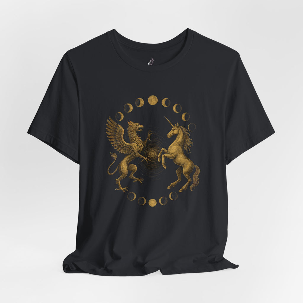 Black t-shirt with gold graphic of a pegasus and unicorn on a white background
